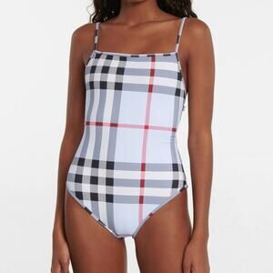 Burberry Plaid One-Piece Swimsuit in Light Blue, Black, White and Red